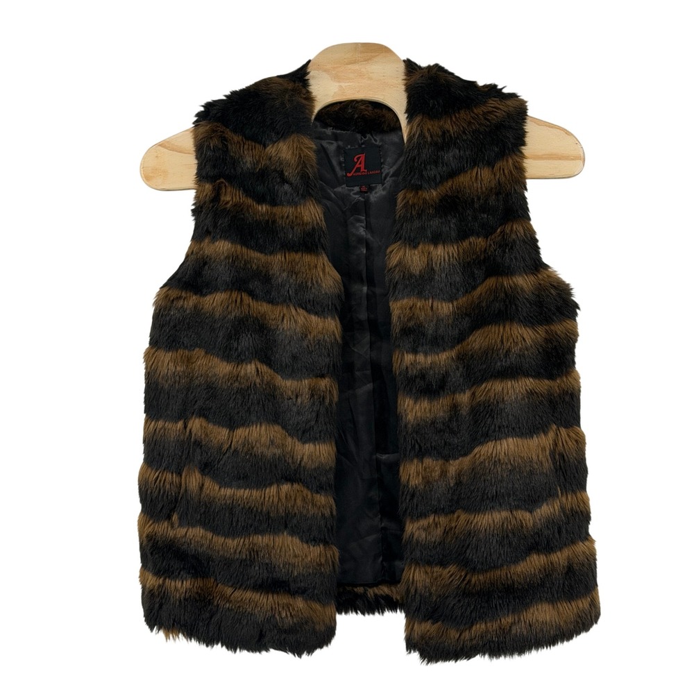 Adrienne Landau Vest Womens XL Faux Fur Striped Open Front Pockets